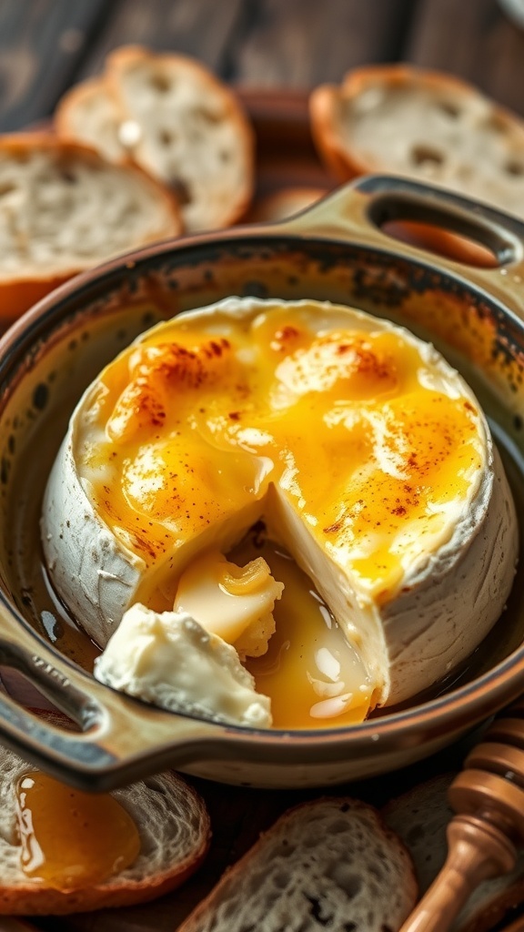 Baked camembert cheese served with crusty bread and honey on a rustic wooden table.
